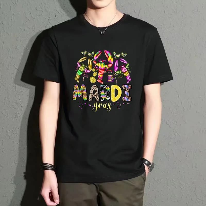 Men's Black Round-Neck Short-Sleeved T-Shirt with Colorful Lobster Print, Casual Street Style, Versatile and Trendy Everyday Item, Breathable and Comfortable Polyester Fiber Fabric