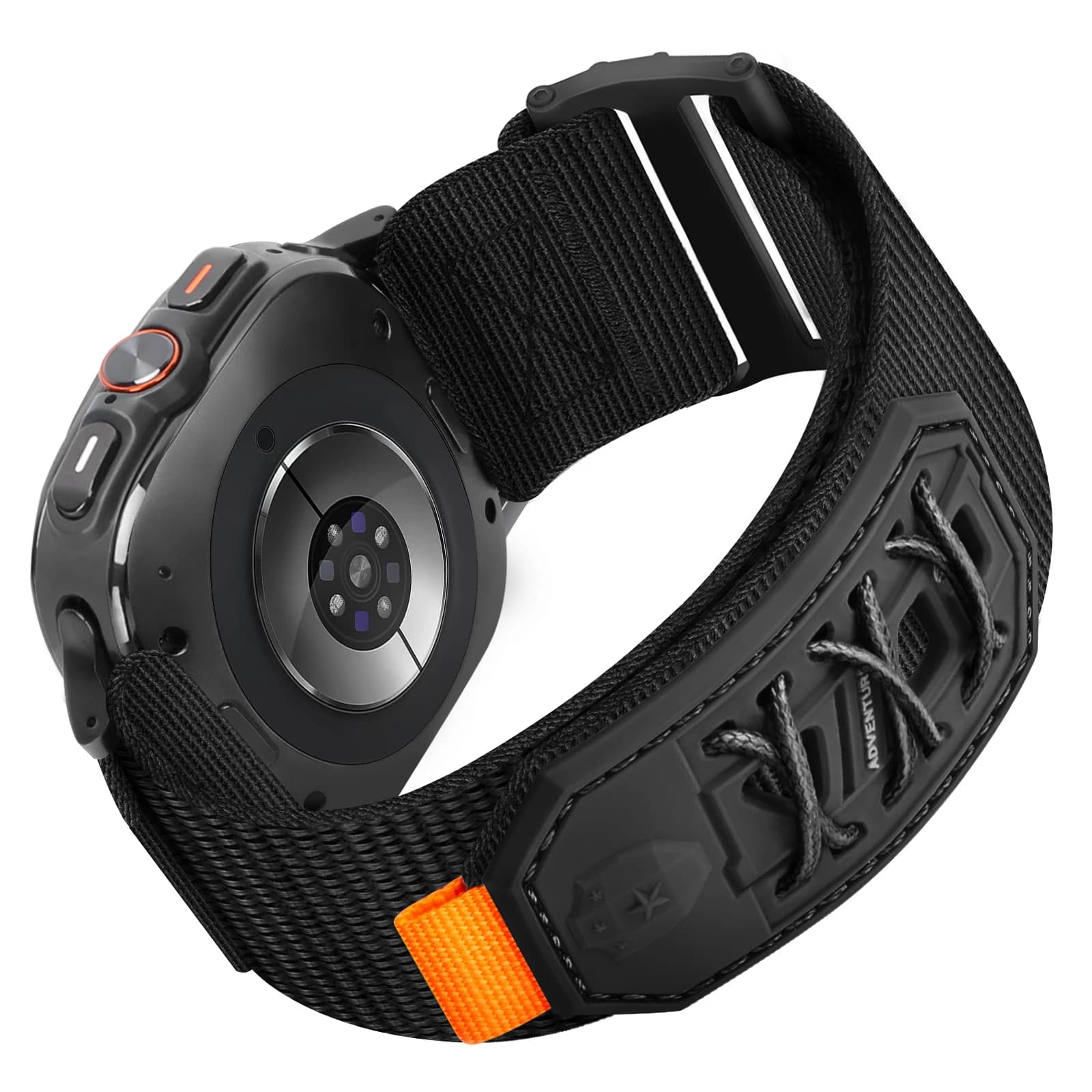 Cinturino in nylon intrecciato con fibbia in metallo e chiusura con velcro per Samsung Galaxy Watch Ultra da 47 mm.