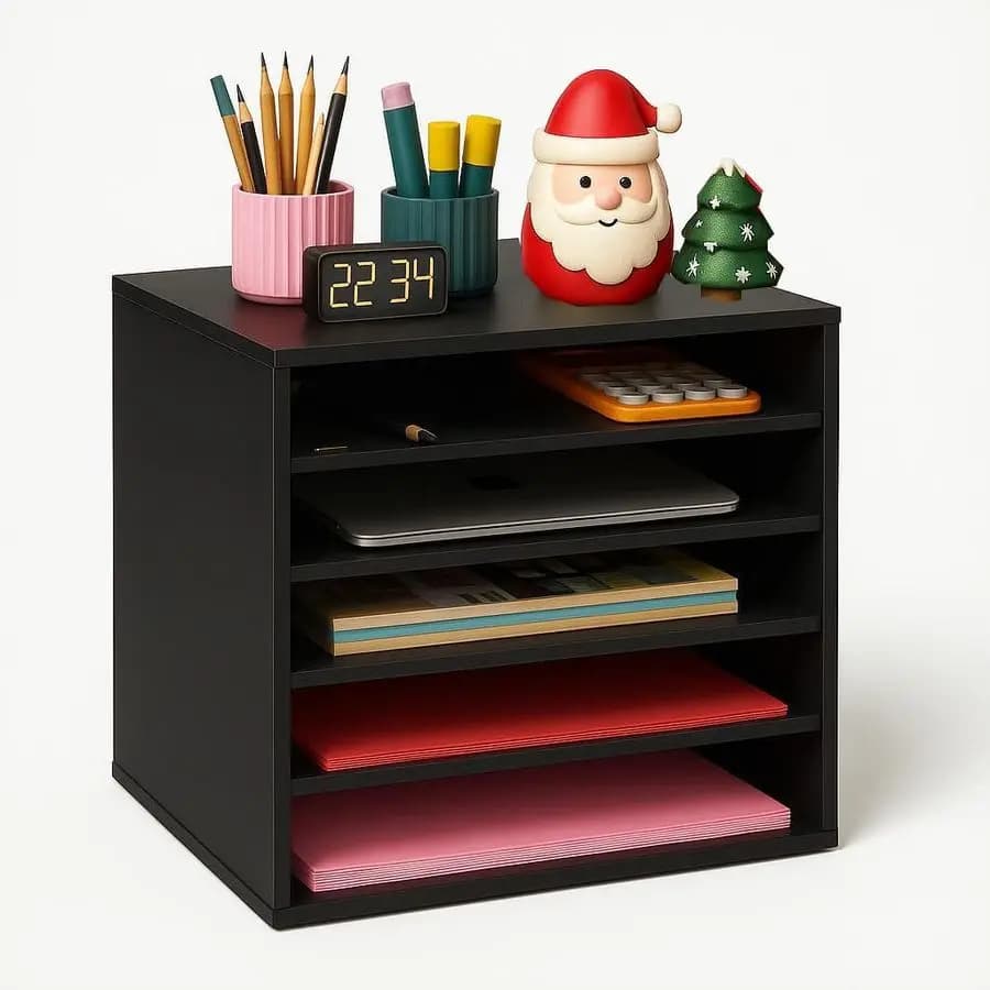 4-level adjustable paper organizer, large capacity shelves for books, magazines, office documents, wooden dividers, 7 pounds per shelf