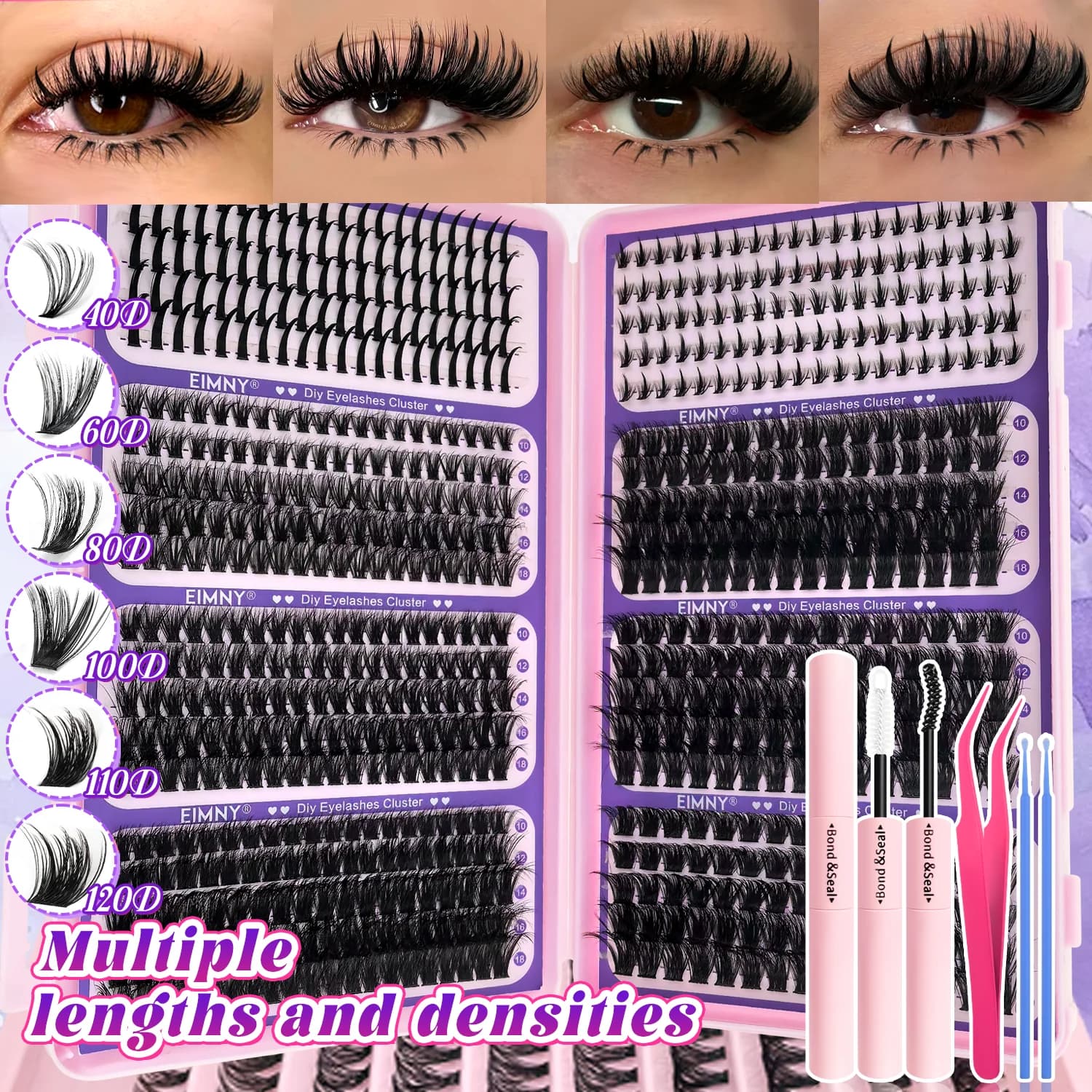 EIMNY fake eyelash set with lower tips and eyelashes, soft, soft, dense, long-lasting, reusable, easy to apply, suitable for beginners