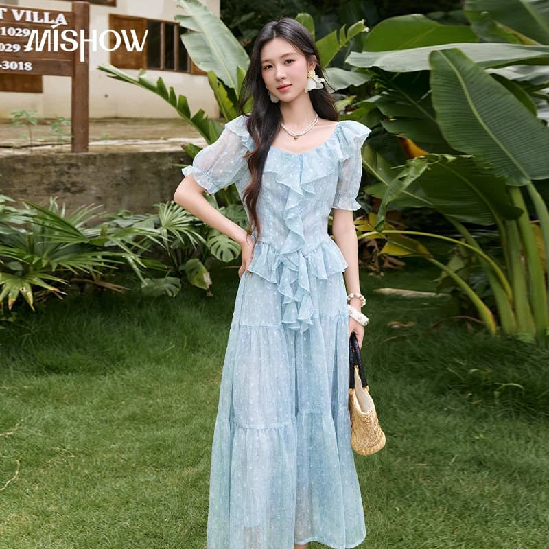 MISHOW Women's Chiffon Blouse Skirt 2pcs Set Summer Ruffle V Neck Puff Sleeve Blouse Elastic Waist Midi Skirt Set MXF20T1720