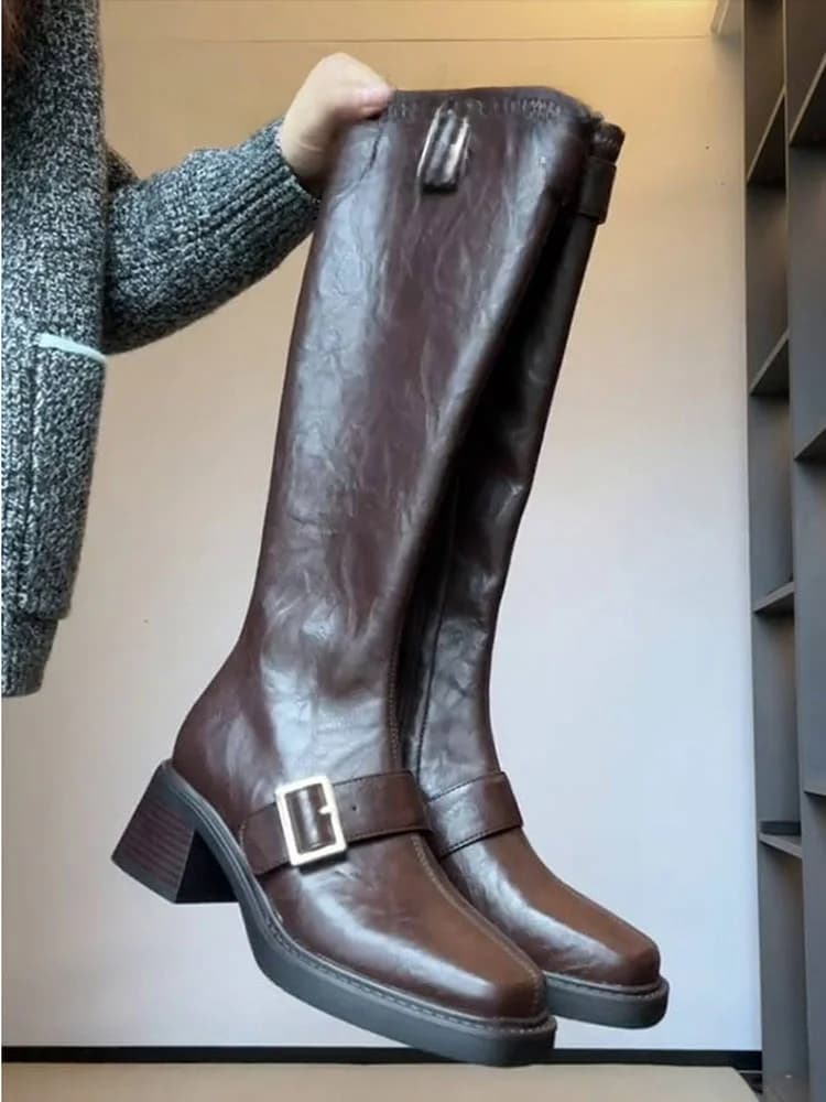 Fashionable High-Top Boot Women's Belt Buckle Long Boots Calfskin Leather Personality Knight Boots Winter Rubber Outsole