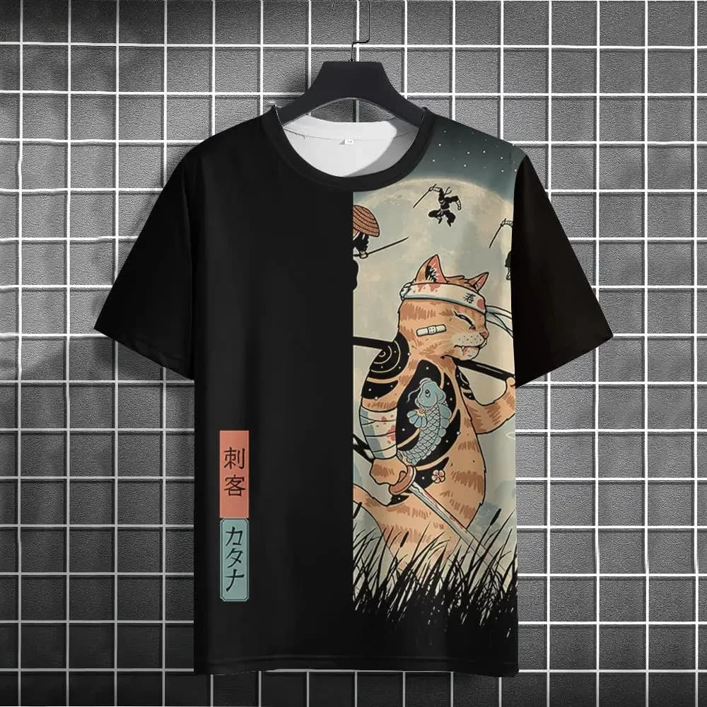 T-shirt da uomo di grandi dimensioni con stampa 3D con motivo a occhi di gatto estivo - Design ampio e confortevole adatto per l'uso quotidiano