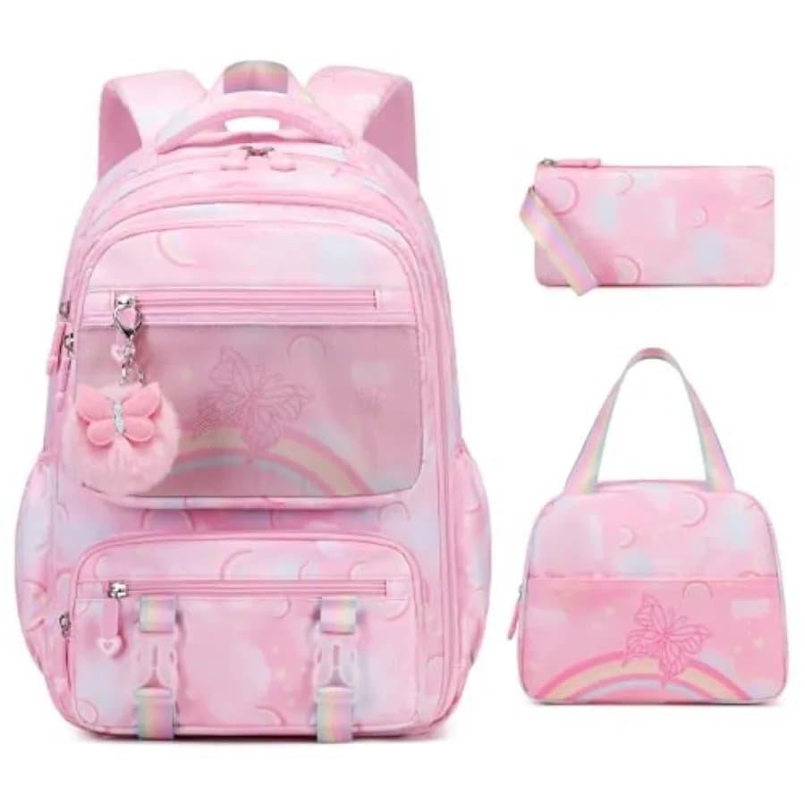 Zaino per ragazze, zaini per ragazze con farfalle arcobaleno e set astuccio per il pranzo, zaino per scuola materna, elementare e media