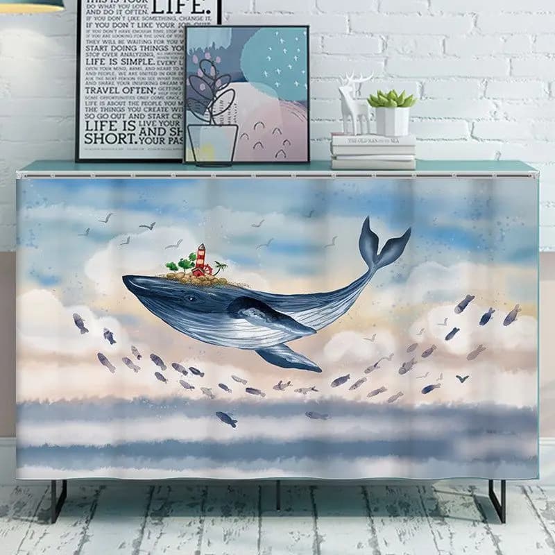 Natural Style Cabinet Cover Curtain Whale Lotus Hanging Plant Print Dustproof Partition Curtain Sideboard Storage Home Decor