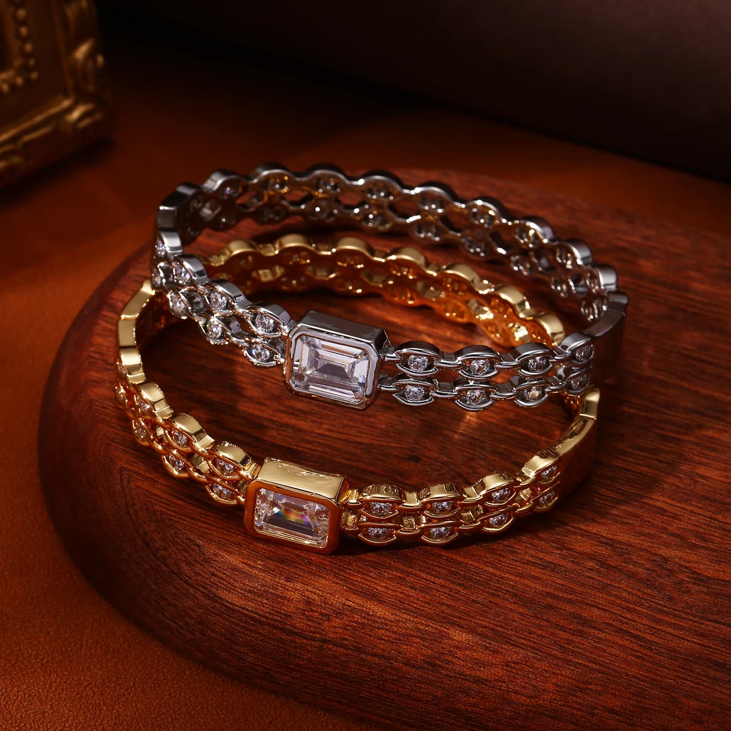 Elegant Chain Link Baguette CZ Bangle Dainty Gold Plated Stackable Bracelet for Women Daily Wear Dating