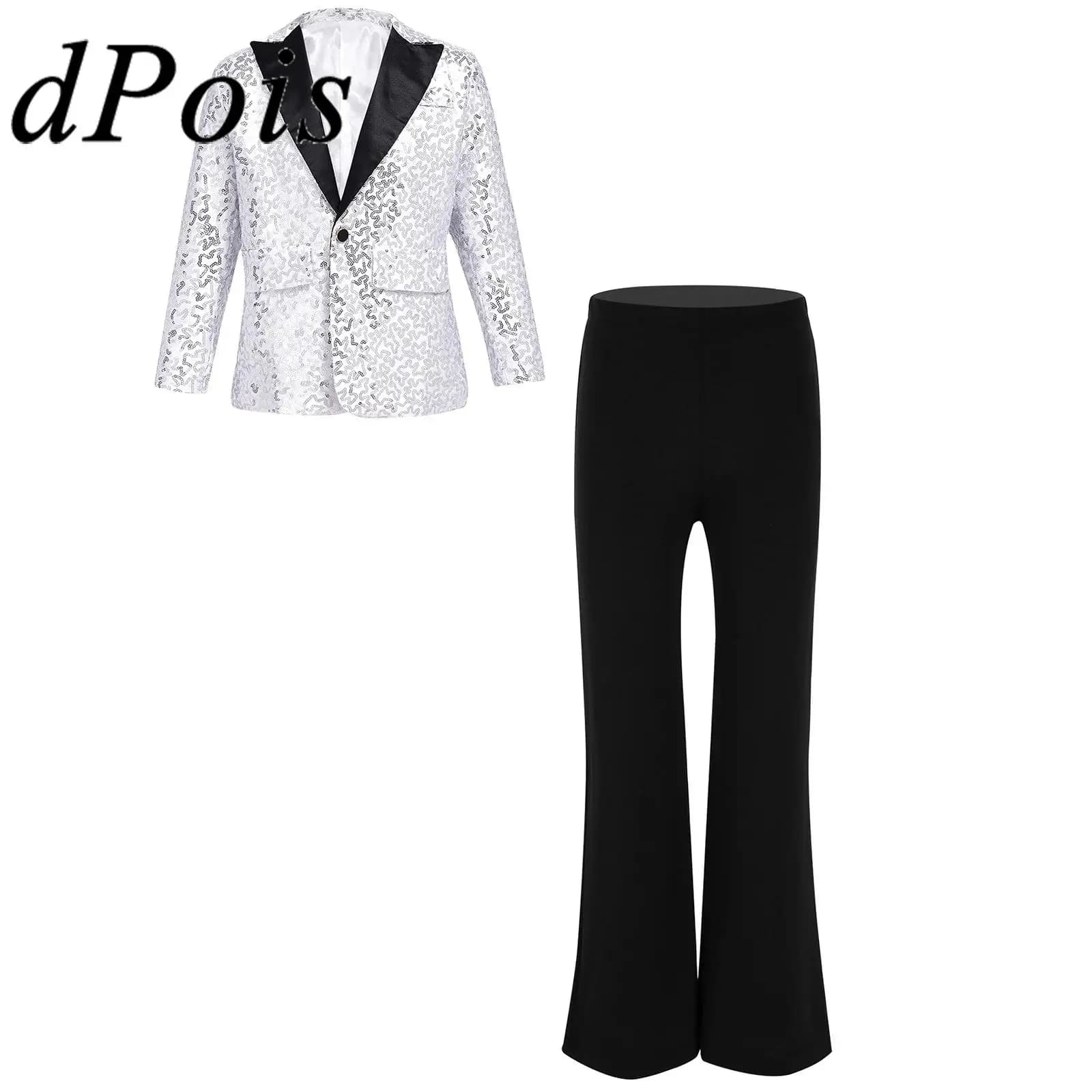 Kids Boys Hip Hop Jazz Dance Performance Outfit Streetwear Disco Gentleman Costume Shiny Sequins Suit Jacket Blazer with Pants