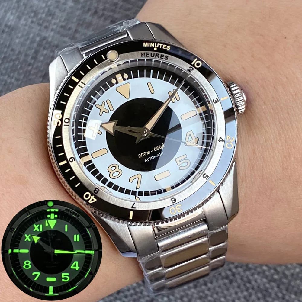 Orologio Subacqueo Vintage Resistente all'Acqua 20ATM, Vetro Zaffiro, Luminoso Bianco e Nero, Miyota 8215, 40mm, Automatico Meccanico da Uomo
