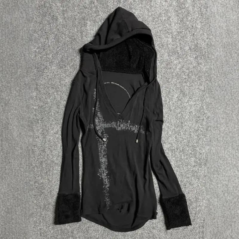 American Retro Girl Black V-Neck Hooded Long Sleeved T-Shirt Spring and Autumn New Women's Looses Long Sleeved Tops Fashions