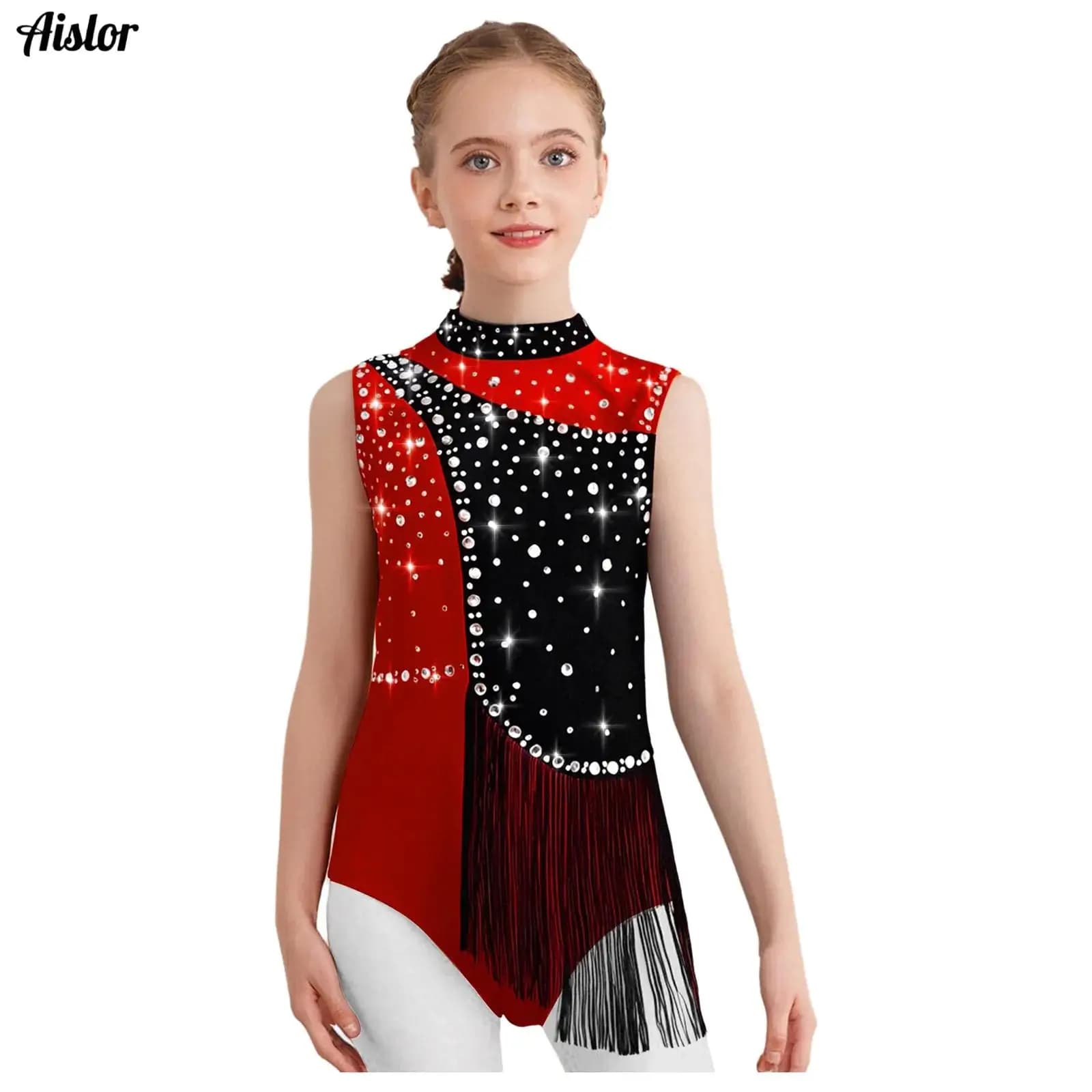 Bambini Ragazze Ginnastica Acrobazia Danza Body Senza Maniche Lucido Strass Nappe Body Pattinaggio di Figura Balletto Latino Dancewear