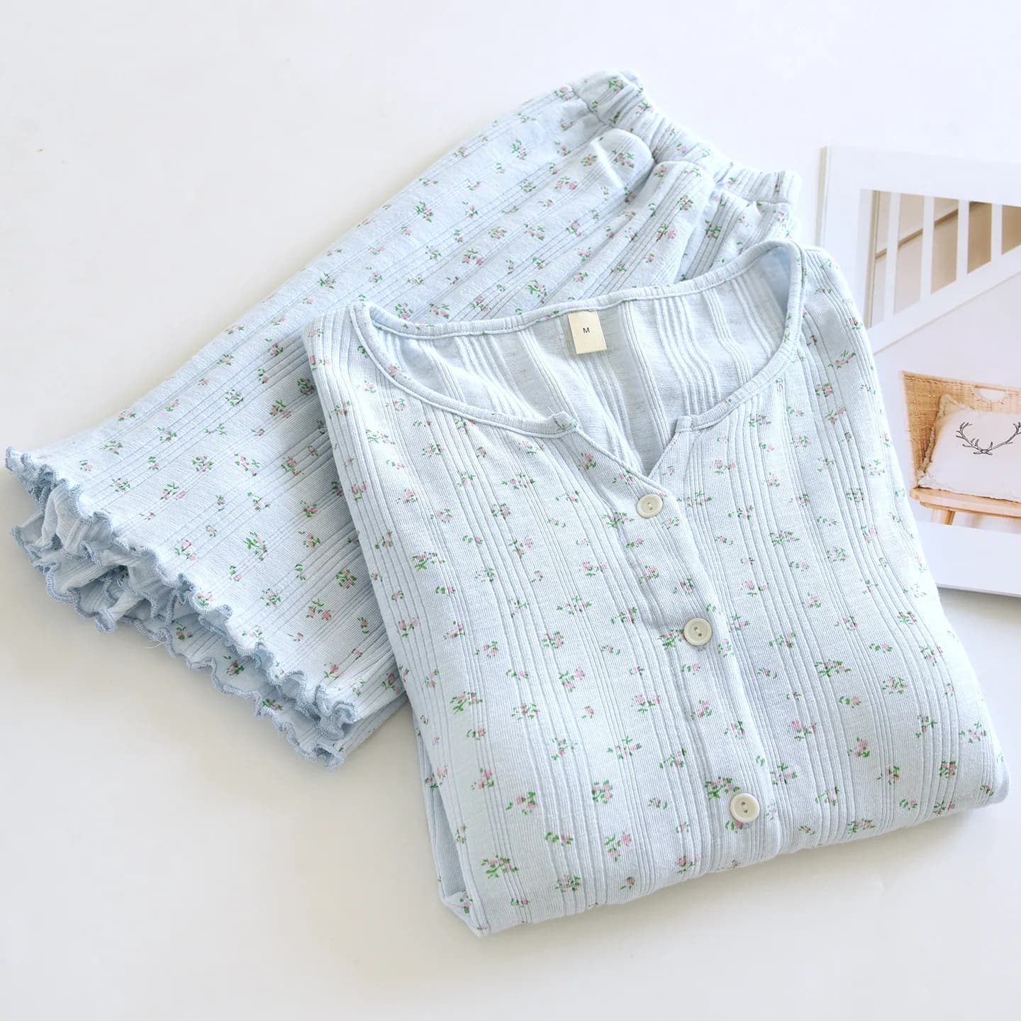 Pigiama Estivo a Maniche Corte per Donna, Set in Cotone con Motivi Floreali, Due Pezzi, Abbigliamento da Notte e Casa
