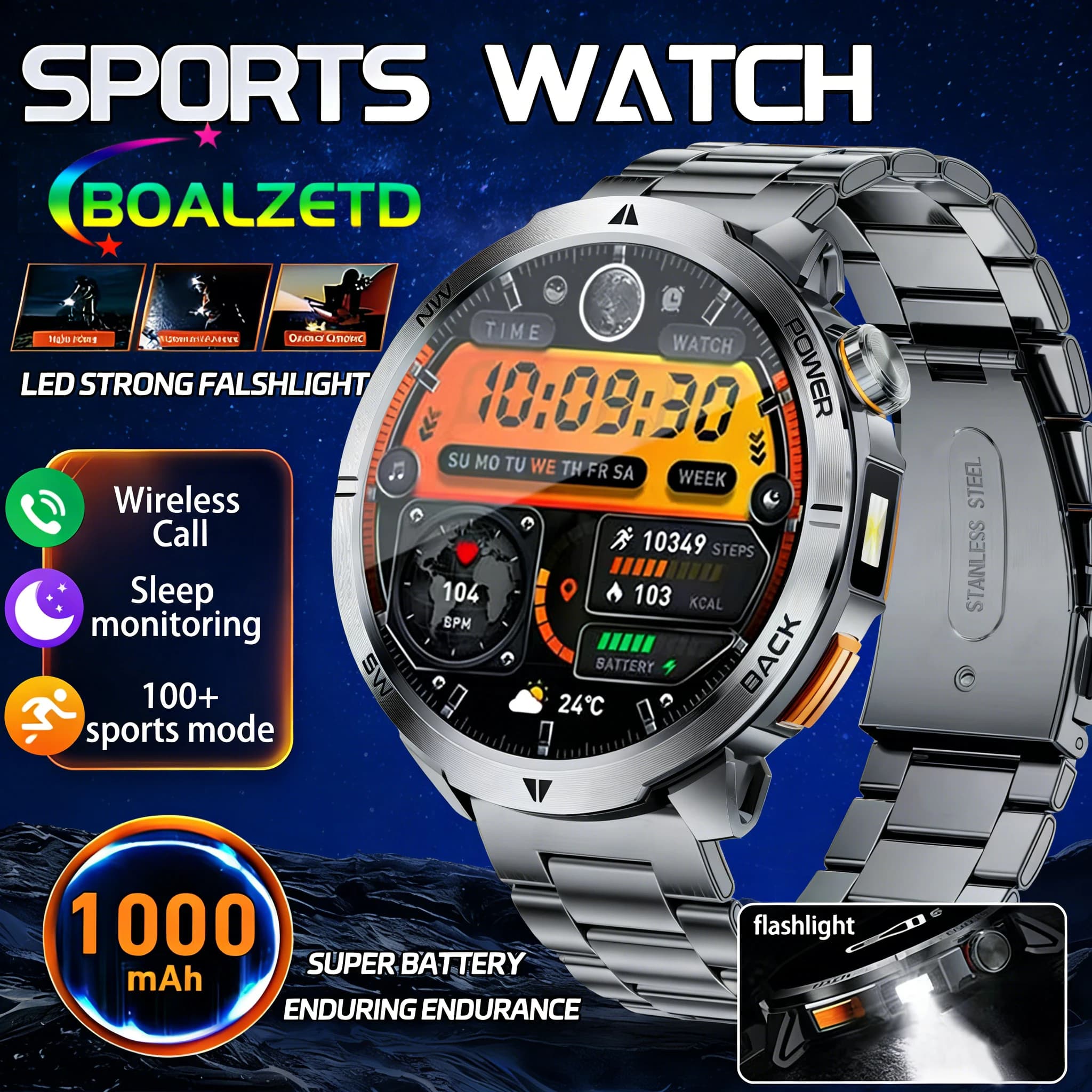 Nuovo Smartwatch Militare 2026 con Batteria da 1000mAh, Bussola, Chiamate Bluetooth, Schermo AMOLED, Cardiofrequenzimetro e Impermeabile per Uomini Adulti