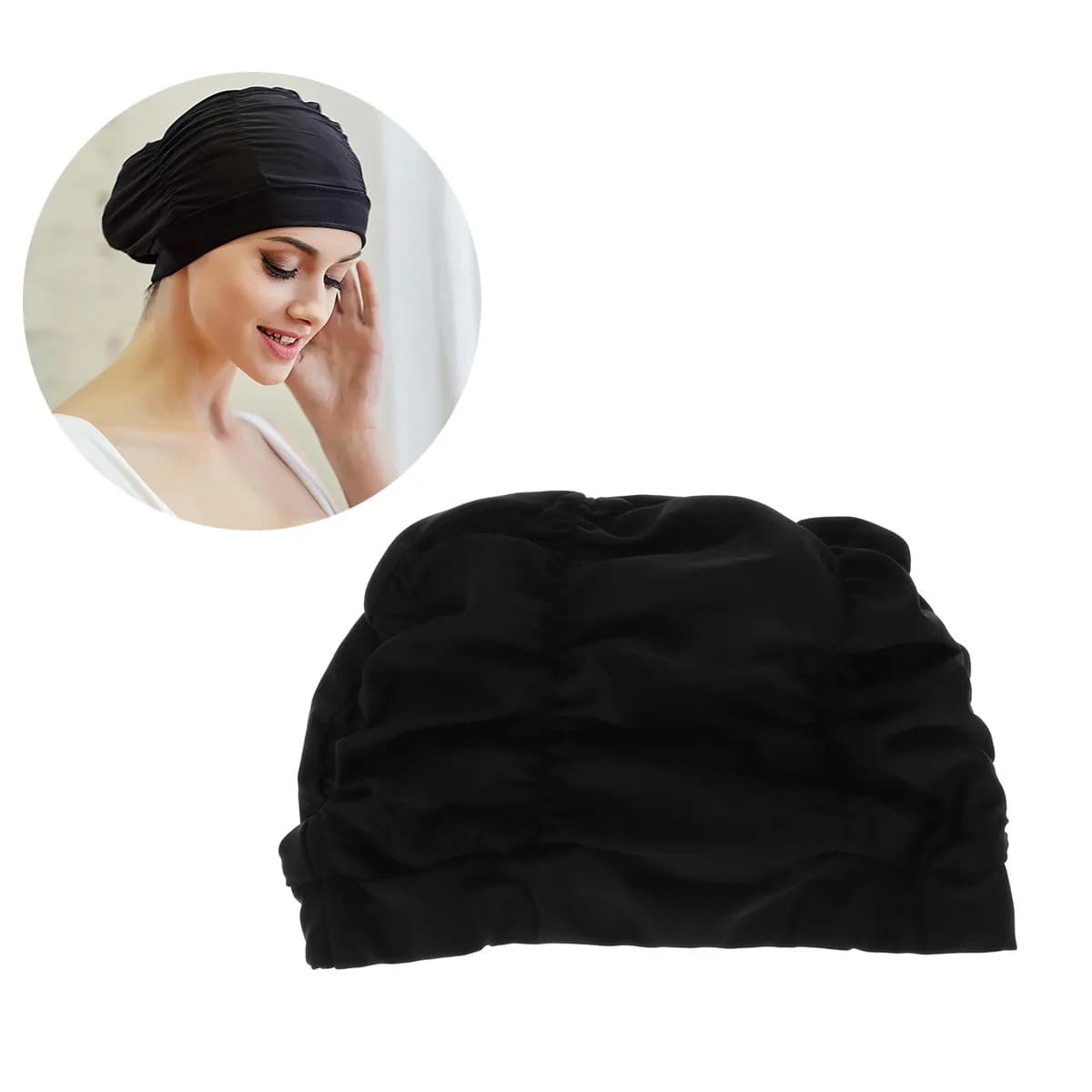 2Pcs Women Swim Cap Pleated Waterproof Black Lightweight Ear Protection Swimming Beach Pool Summer Women Swim Cap