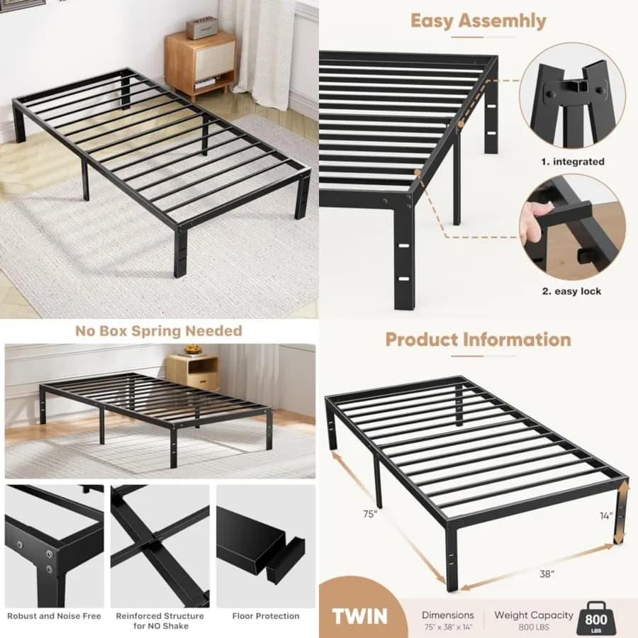Metal bed base with platform, support for mattress with steel slats, does not need spring net, storage space under the bed