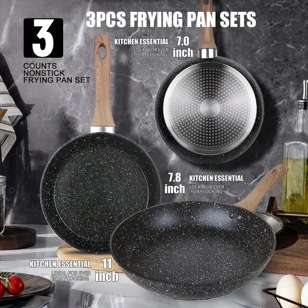 Granite Skillet Pans 3 Piece Nonstick Frying Pan Set Stay-Cool Handle Multi Size Cookware for Home Kitchen Cooking