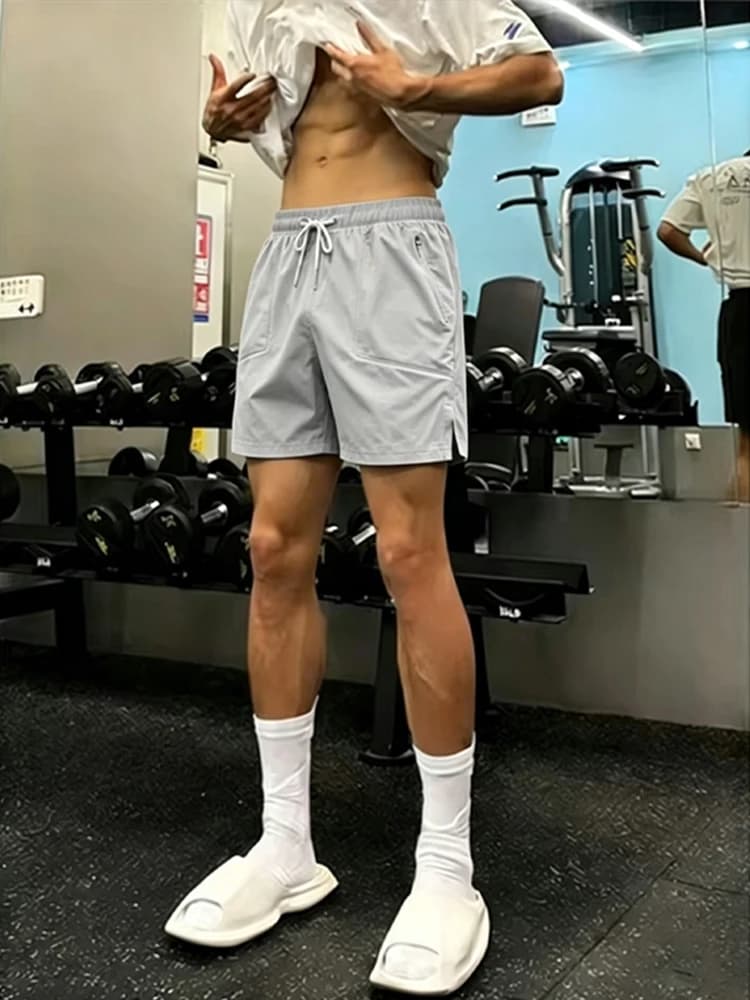 Grey Ice Silk Quick Dry Thin Men's Fitness Sports Shorts Summer Outdoor Running Training Four-Quarter Length Loose Fit Shorts