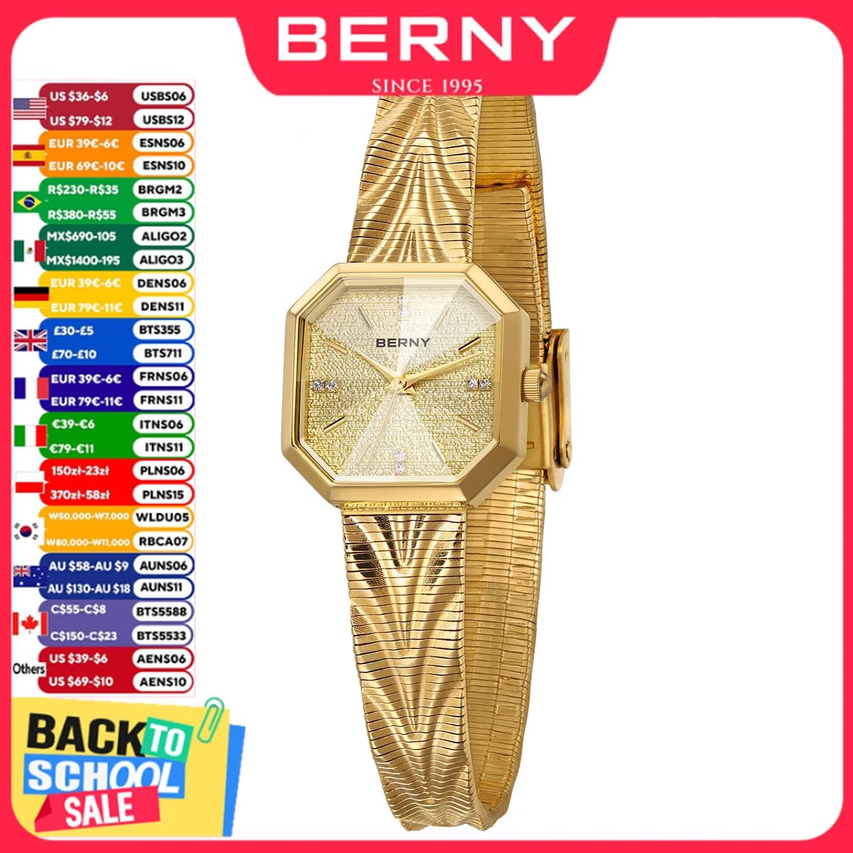 BERNY Women's Gold Watch Granny Dial Octagonal Women's Quartz Wrist Watch Small Golden Stainless Steel Ladies Luxury Watches