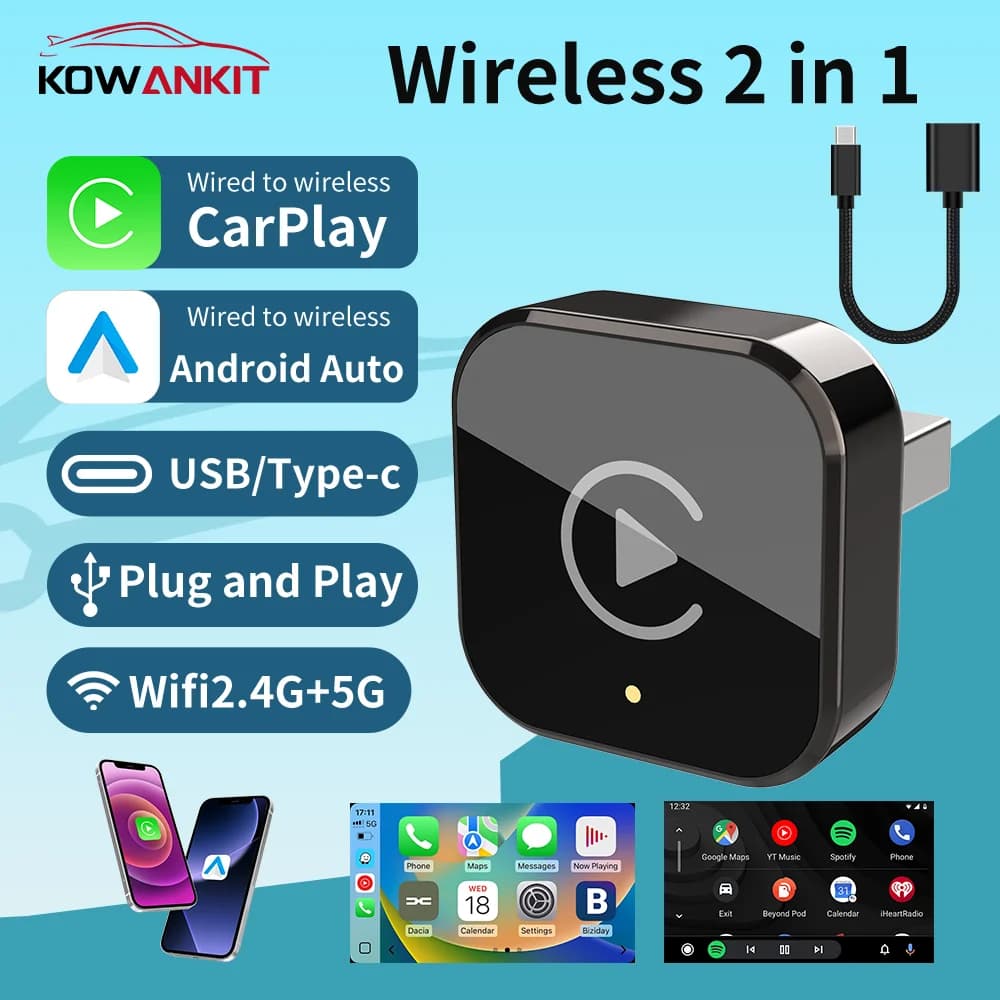 Wireless Carplay Adapter Android Auto 2 in 1 Smart Mini Ai Box Plug & Play Dongle USB Wifi suitable for car from 2016+ 2026 New