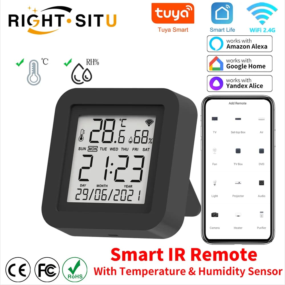 Tuya Smart Universal IR Remote with temperature humidity sensor for AC TV air conditioner works with Alexa Google Home Scarn