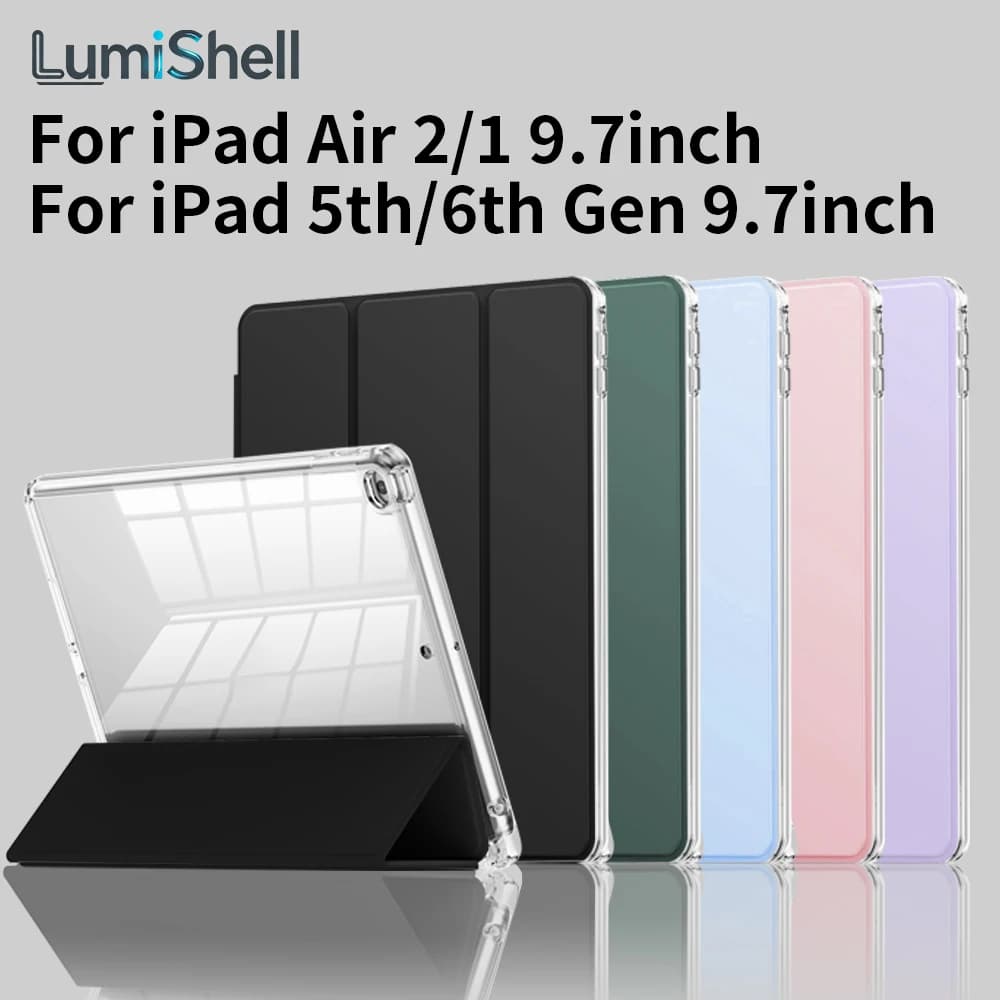 Clear Case For iPad 9.7 6th/5th Generation (2018 2017), iPad Air 1/2 9.7 Cover With Pencil Holder, Tri-Folding PU Leather Cover