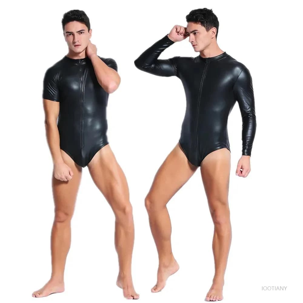 Body intero da uomo sexy in similpelle PU con cerniera, per discoteca, bar, pole dance, intimo nero