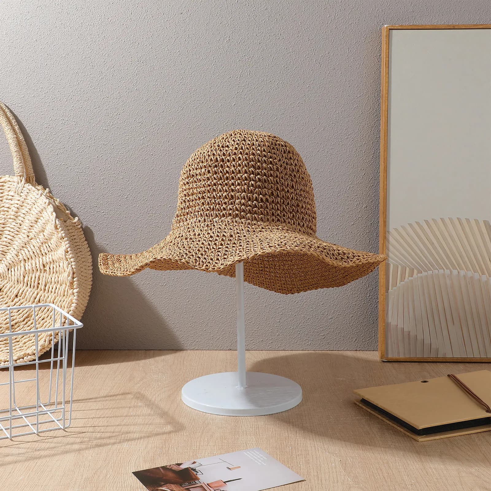 Cappello di paglia con tesa larga confortevole, protezione UV, protezione solare, per spiaggia, viaggi, pesca, traspirante, estivo, per esterni, colore kaki