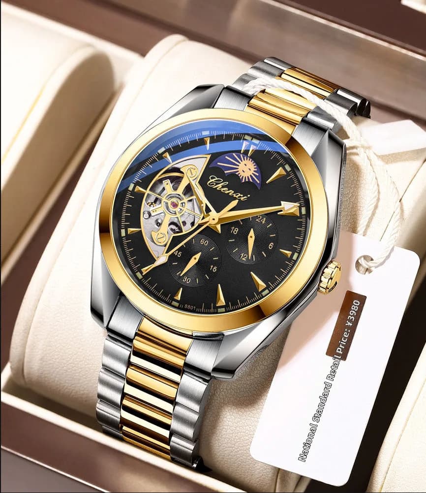 Orologi da lavoro casual per uomo, modello sole, luna e stelle, cronografo in acciaio inossidabile, orologi da polso meccanici, orologio maschile impermeabile