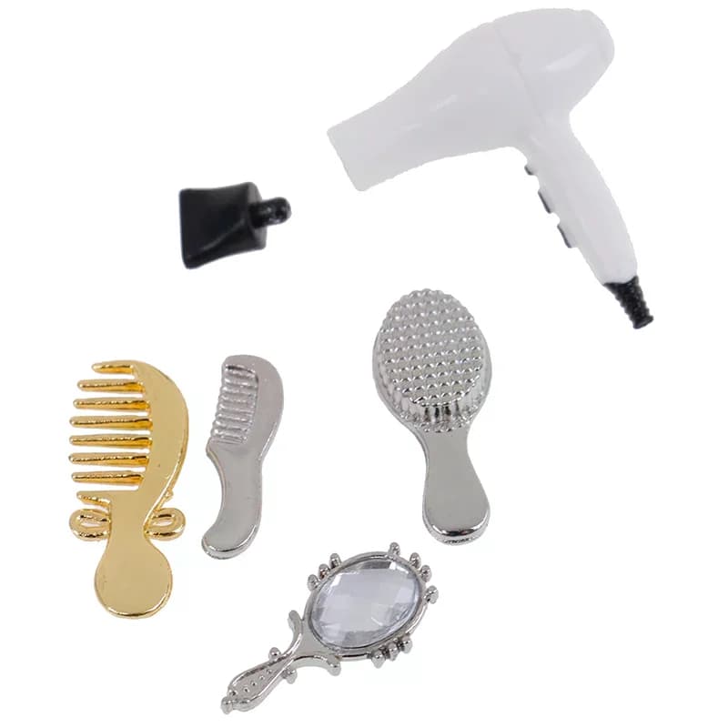 Miniature Set Wiring Tools for Doll House with Small Brush, Mirror and Hairdryer - Accessories Hairstyle Model