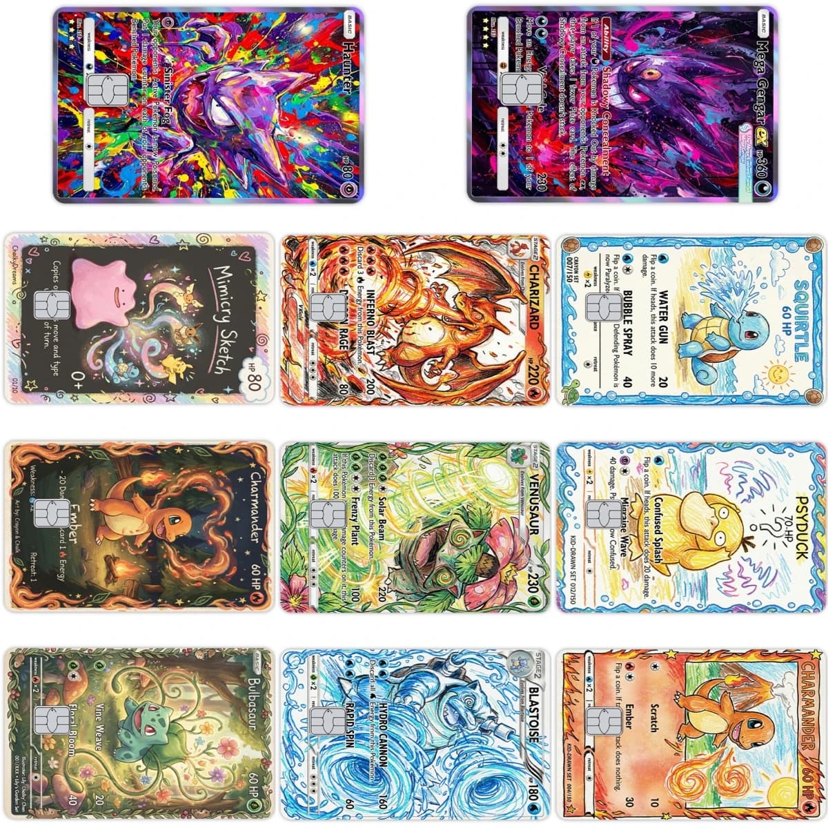 Adesivo Frontale PTCG Game Gengar Charizard Squirtle Bulbasaur Pellicola Opaca per Carta di Credito/Debito Senza Chip Grande o Piccolo