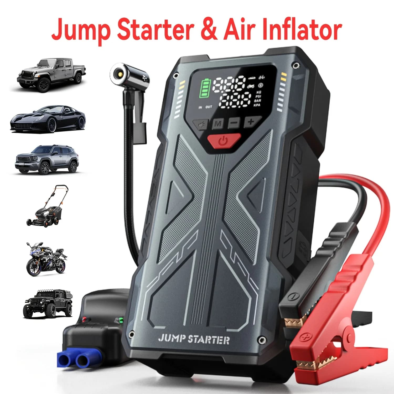 Avviatore di Emergenza Portatile 7-in-1 con Compressore d'Aria Digitale 150PSI, Booster Batteria 12V per Motori Benzina 2.38gal/Diesel 1.98gal, Avviatore Auto Portatile con Compressore d'Aria, Porte USB a Ricarica Rapida e Luce di Emergenza LED, Regali di Natale