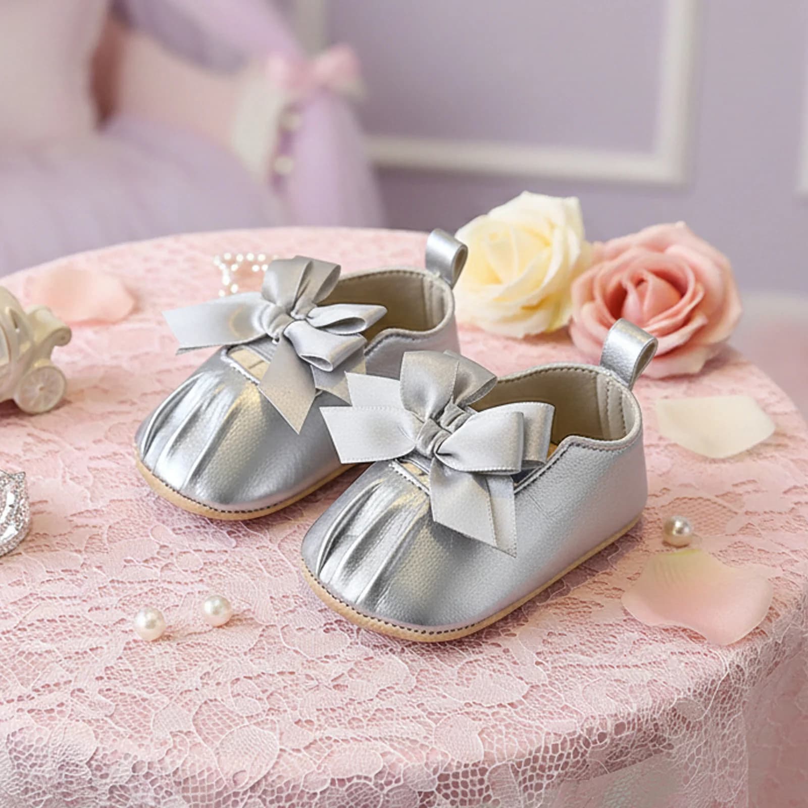 Baby Girl Mary Jane Shoes with Bows Close Toe Non-slip Soft Sole Walking Shoes Cute Dress Shoes