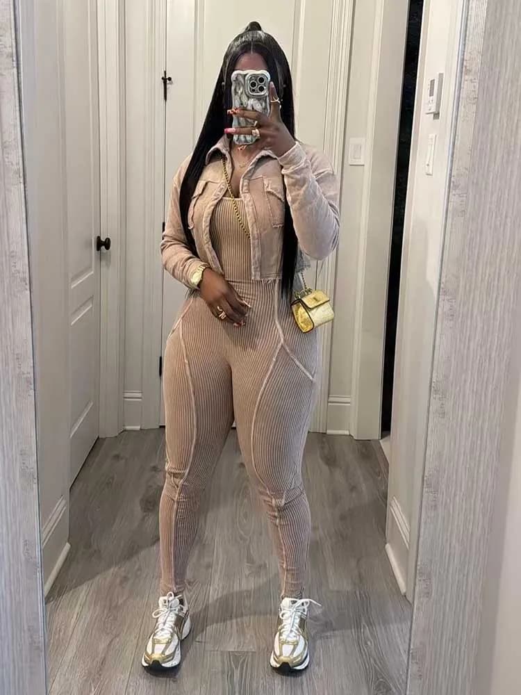 Set da 2 pezzi Completi da donna Tuta elegante a costine e giacca a maniche lunghe Set sexy casual primavera estate Dropshipping all'ingrosso