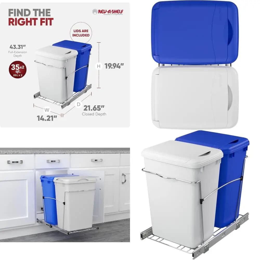 Cestino per rifiuti a doppio scomparto da 35 Qt con contenitore per la raccolta differenziata blu/bianco su guide a estrazione totale