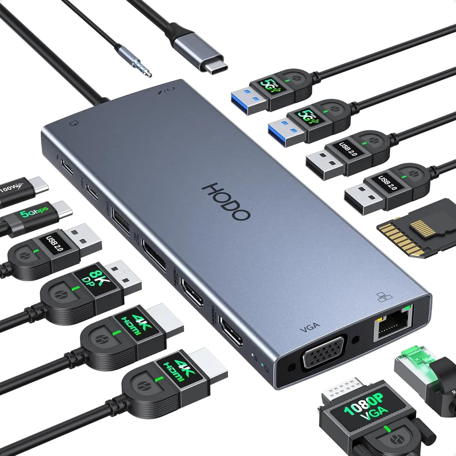 Docking station USB C 15 in 1 con doppio HDMI 4K, DP 8K, VGA, 6 porte USB, ricarica PD e Ethernet