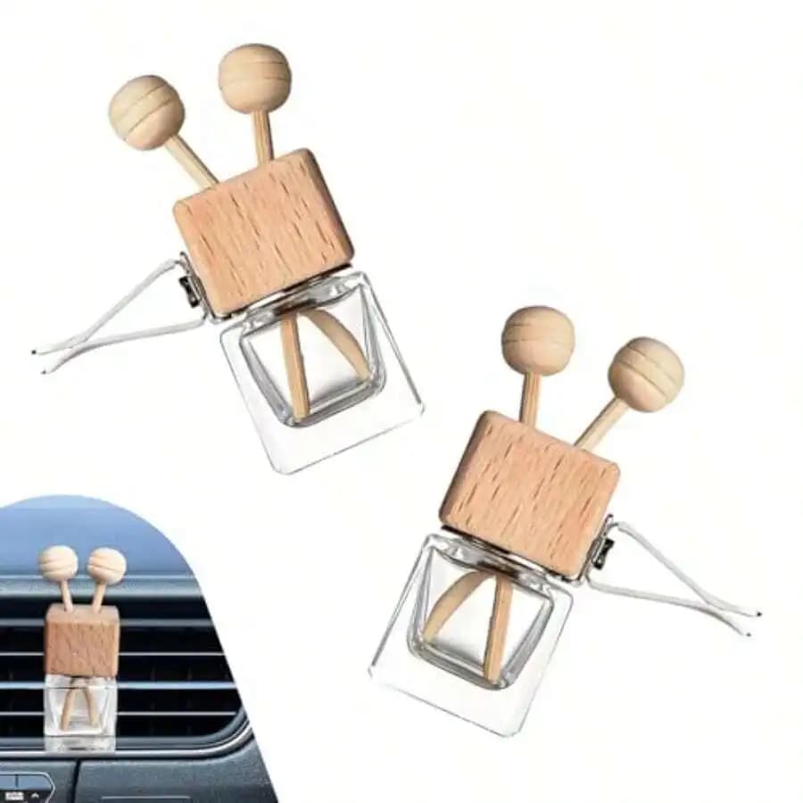 2 Diffusori per Auto con Clip per Bocchetta di Ventilazione, Bottiglie Vuote Ricaricabili in Vetro per Oli Essenziali con Coperchio in Legno