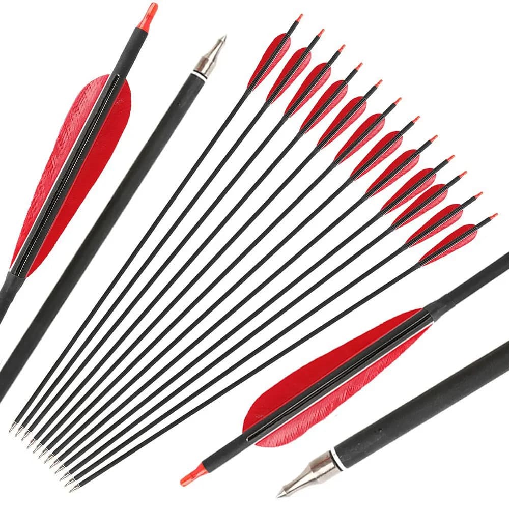 12X 33 "Flechas in carbonio ID 6.2mm OD 7.62mm Piume naturali 5'' Aubi a goccia d'acqua Colonna vertebrale 500 Tiro con l'arco Arco ricurvo composto