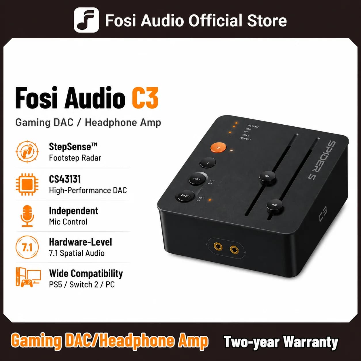 Fosi Audio C3 Gaming DAC Amplificatore per Cuffie con Audio Surround 7.1, Chip HIFI CS43131, DAC USB da Scrivania per PS5/Switch2/Gamer FPS