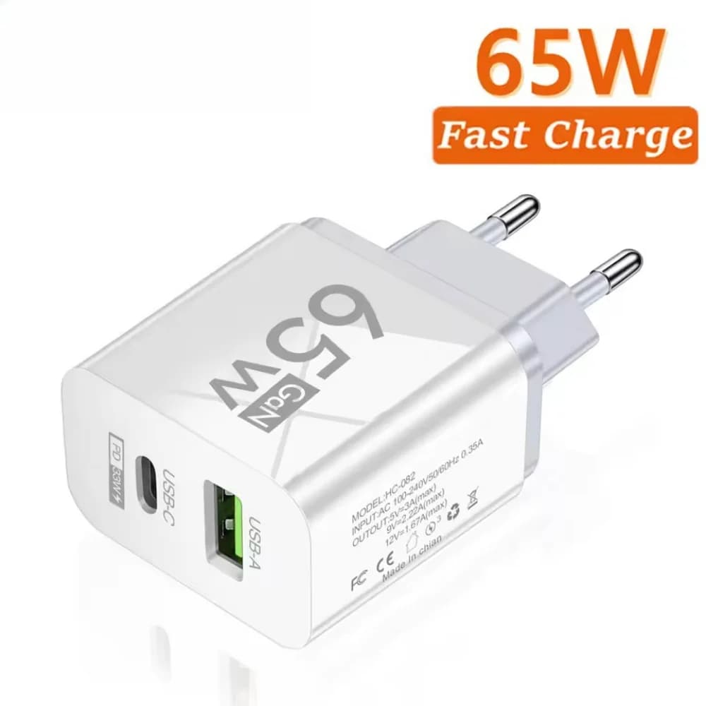 Caricatore USB GaN da 65W a 2 porte, adattatore da parete a ricarica rapida di tipo C, QC3.0, adattatore da viaggio per iPhone, Samsung, Huawei, Xiaomi, con spina EU/US