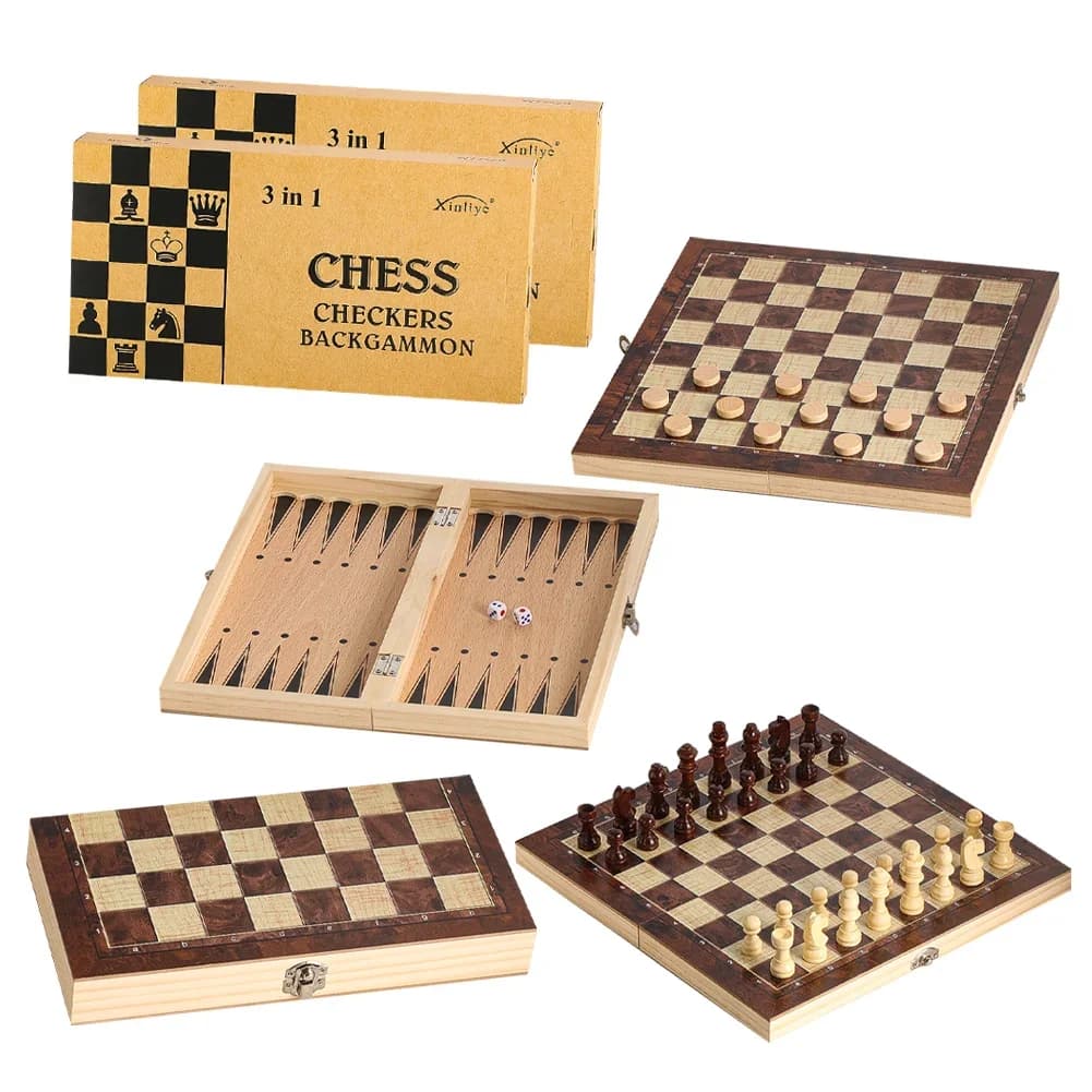 Wooden 3-in-1 Checkers Backgammon and Chess Set Model Suitable for Parties Travel Portable Foldable Chessboard Game Gift