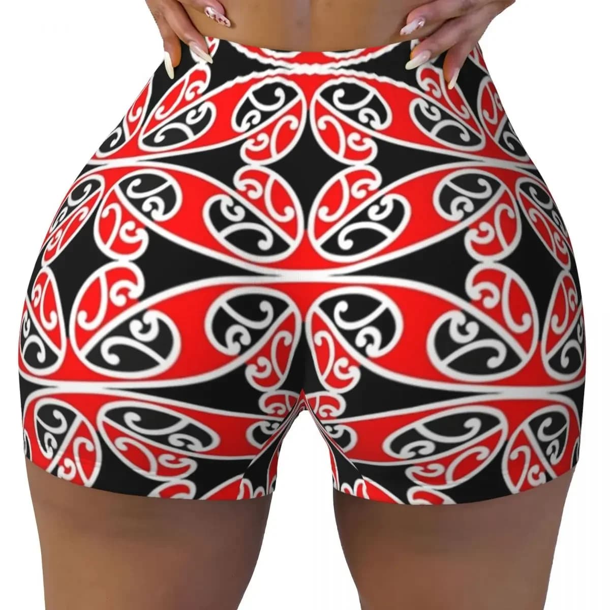 Custom Maori Traditional Pattern Hammehead Shark Yoga Shorts Women Gym Workout Running Athletic Volleyball Biker Shorts