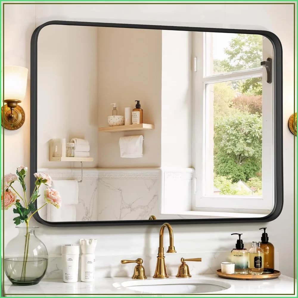 40x30 Inch Black Metal Frame Bathroom Mirror with Rounded Corners, Anti-Rust, Wall Mounted for Farmhouse, Entryway, Horizontal or Vertical Hanging