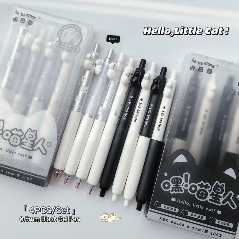 Set di 4 Penne Gel Stile Gattino Carino, 0.5mm, Asciugatura Rapida, Inchiostro Nero, Design Morbido al Tatto, Scrittura Fluida, Forniture per Ufficio