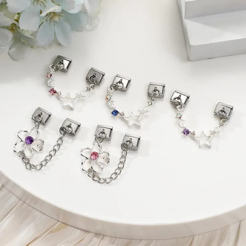 New Fashion Star Flower Butterfly Bow Chain Tassel Italian Charm Link Fit 9MM Stainless Steel Bracelet Girls' DIY Making Jewelry