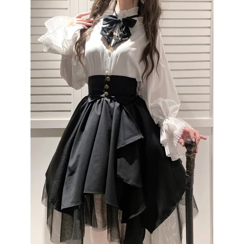Gonne di media lunghezza in rete irregolare gotica Costume cosplay in stile giapponese Camicia con papillon Gonne Abito per donne Ragazze Harajuku Lolita