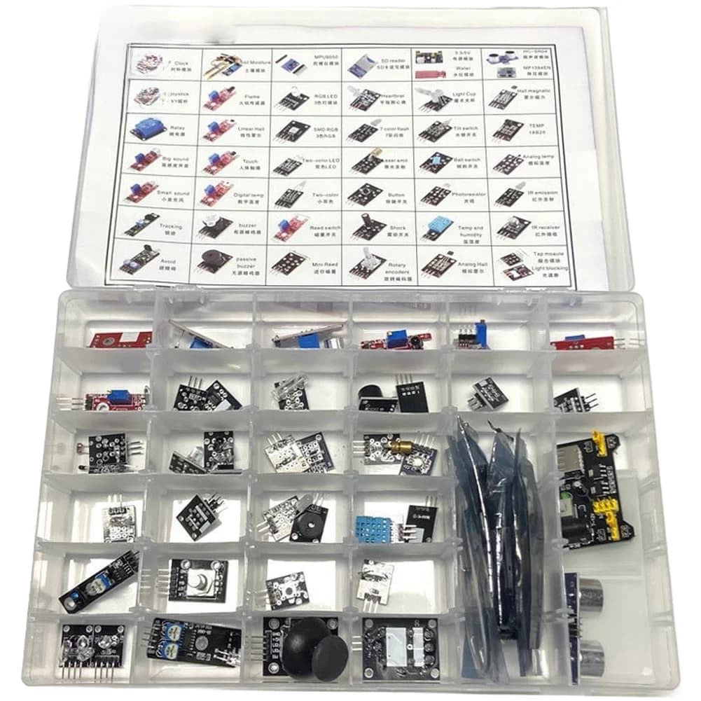 Kit Sensore 37/45 per Arduino con Adattatore di Alimentazione 5V, Scatola in Plastica, Adatto per Laboratori Scolastici, Hobby e Applicazioni Robotiche
