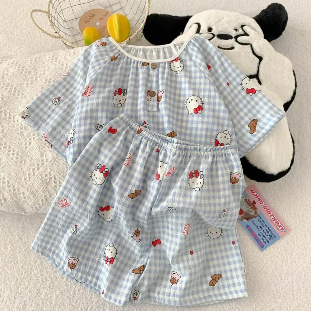 Set pigiama estivo da 2 pezzi Sanrio Anime Hello Kitty Kawaii Homewear per donna, top a maniche corte, pantaloncini, set di vestiti da notte dolci e carini