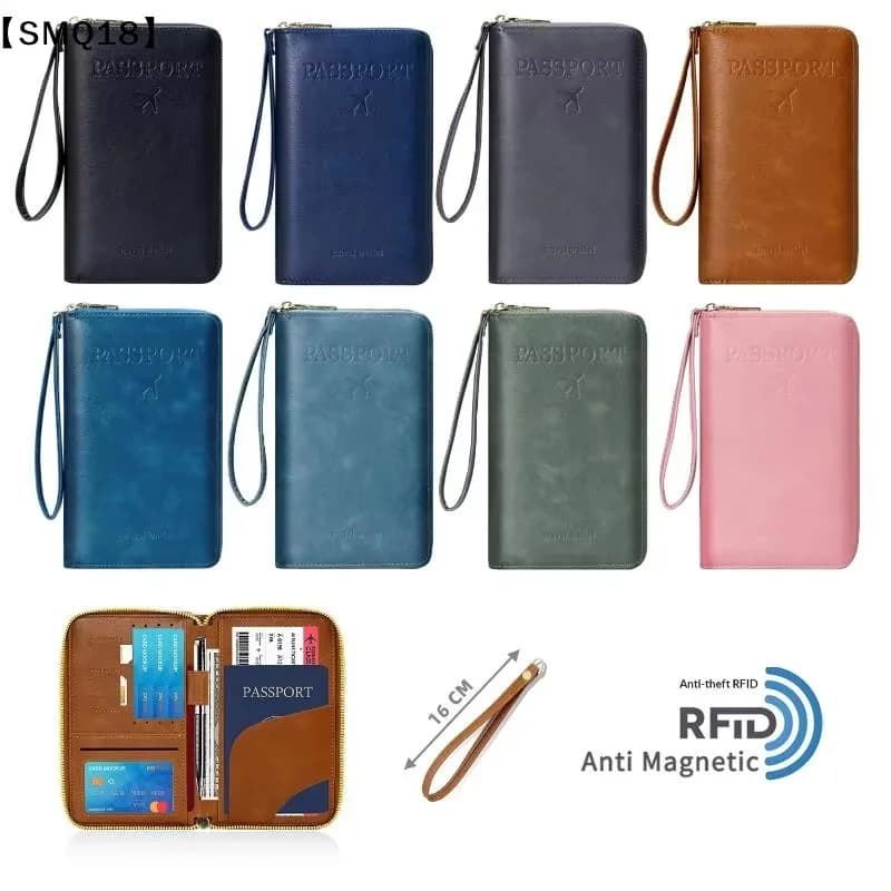 Fashion RFID Blocking Passport Holder Multifunctional Zipper Wrist Strap Travel Wallet Credit Card Bag & Ticket Organizer
