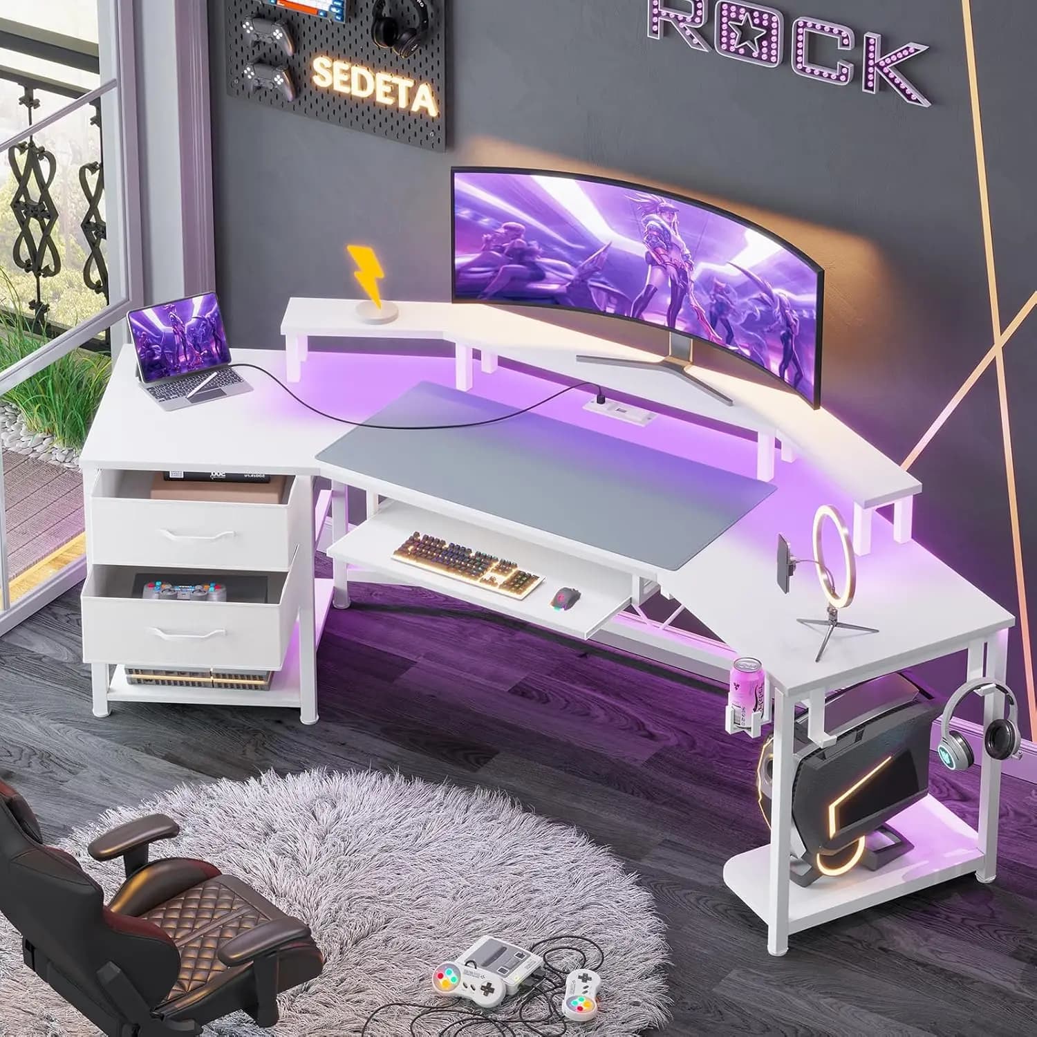 79" Gaming Desk, Computer Desk With 2 Fabric Drawers & LED Light, White Small Desk With Storage For Home Office,, Customized