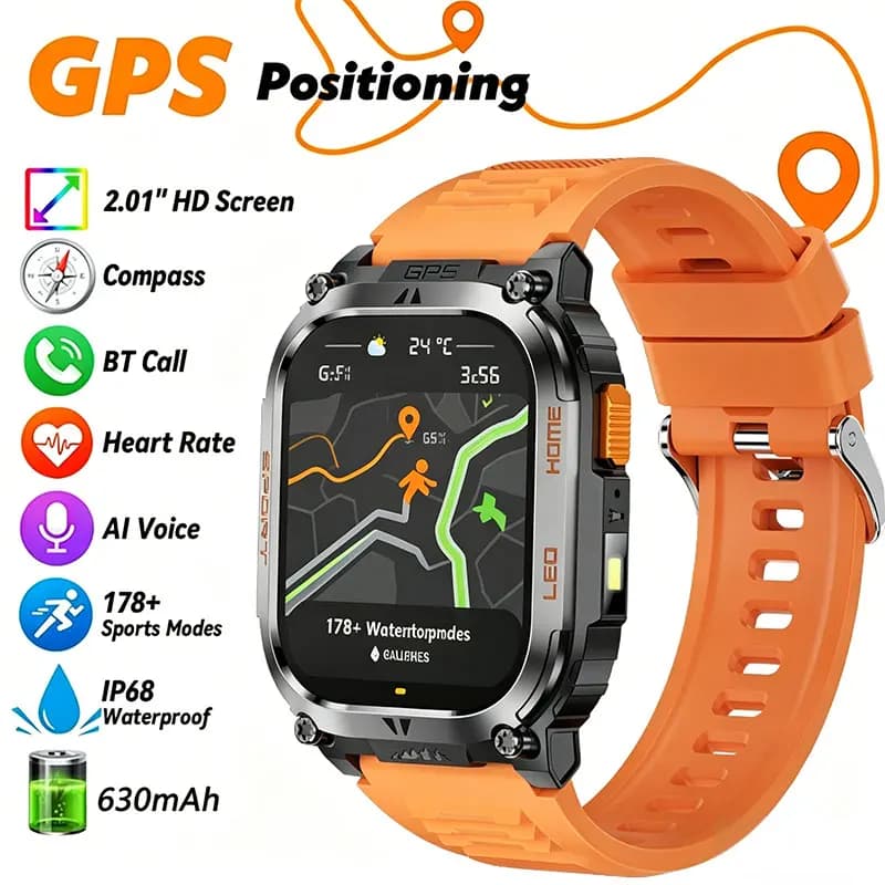 Smartwatch Outdoor 2026 con Chiamata BT, Display da 2.01", Impermeabile IP68, GPS Integrato, Torcia e Monitoraggio della Frequenza Cardiaca e della Salute