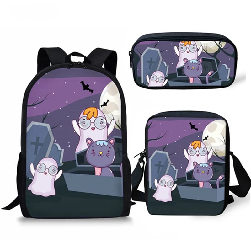 Set di 3 Pezzi Zaino Creativo e Popolare con Stampa 3D Gatto Fantasma, Borsa per Laptop, Zaino Scolastico, Borsa a Tracolla e Astuccio